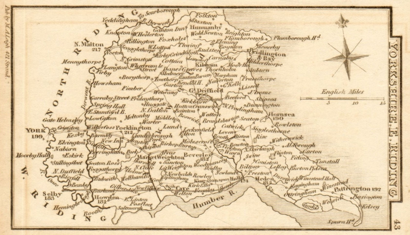 Yorkshire East Riding. Small antique map by LEIGH c1815 old chart